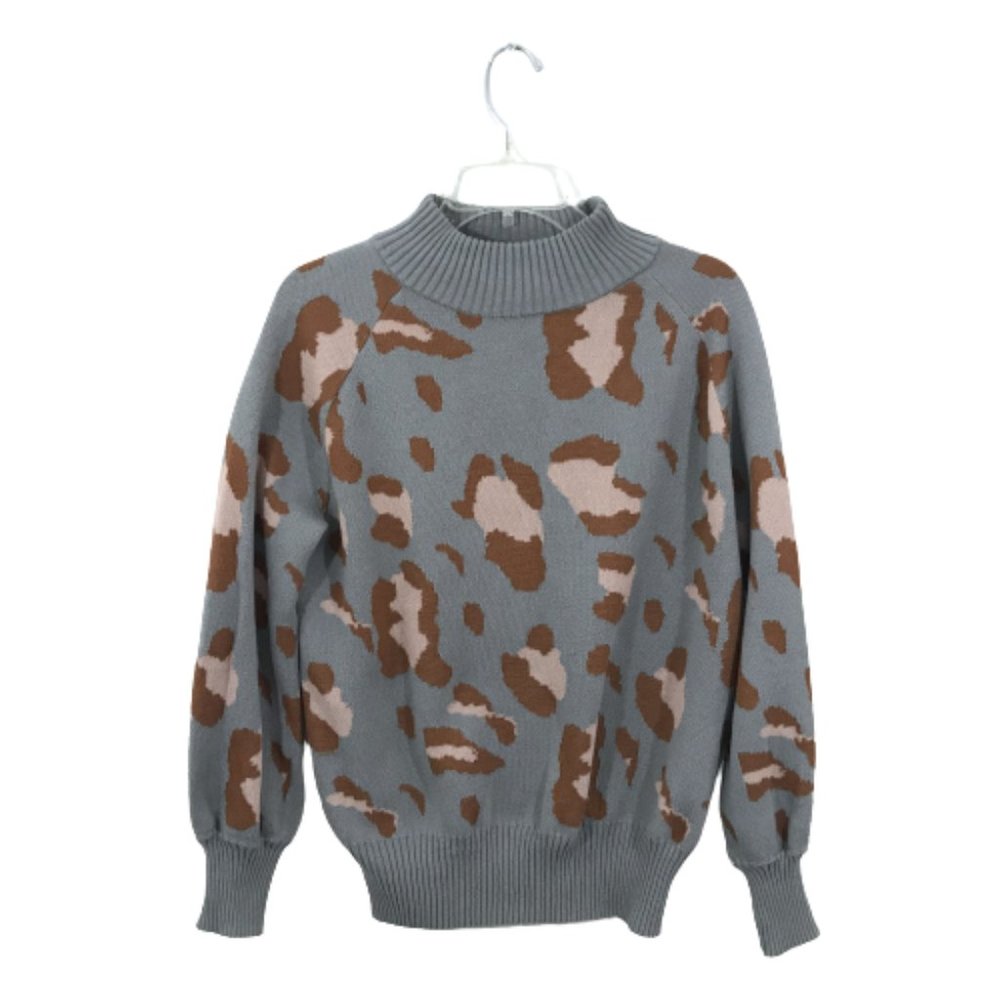 Stellah Animal Print Mock Turtleneck Sweater Gray L